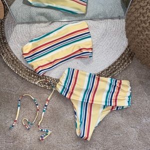 Striped yellow multicolor bathing suit with removable straps strapless M